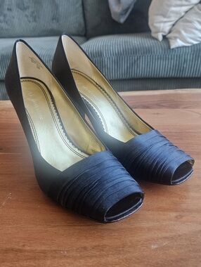 Anne Klein Black Satin Peep-Toe Heels 8